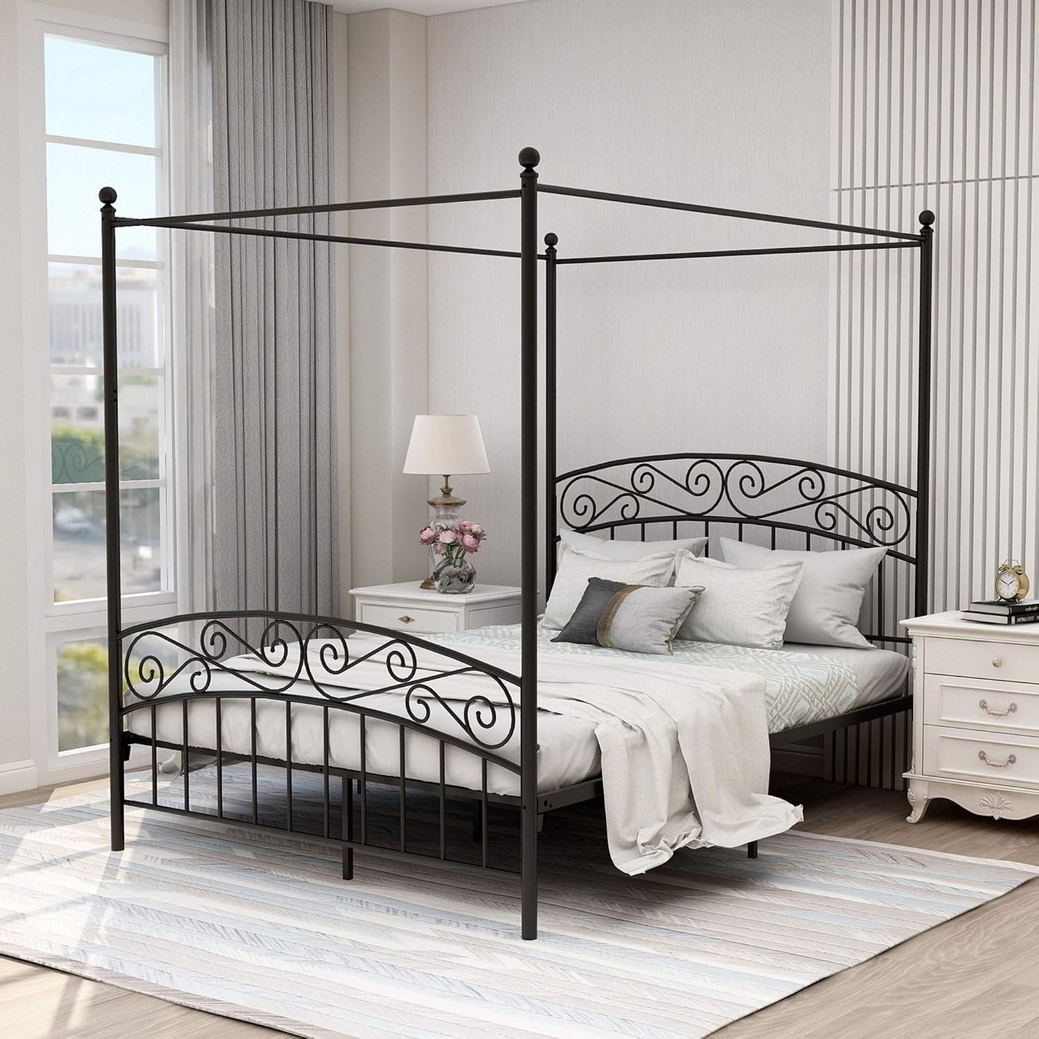 Canopy Bed Frame Metal Queen - Queensize metalen hemelbedframe met hoofd- en