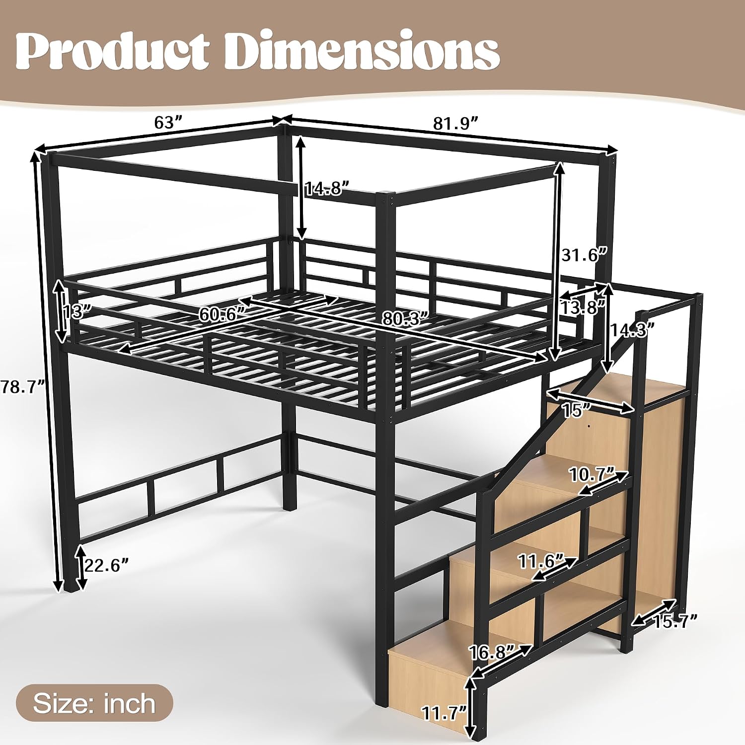 Canopy Bed Frame Metal Queen - Queen-size hoogslaper met opbergruimte, trap en
