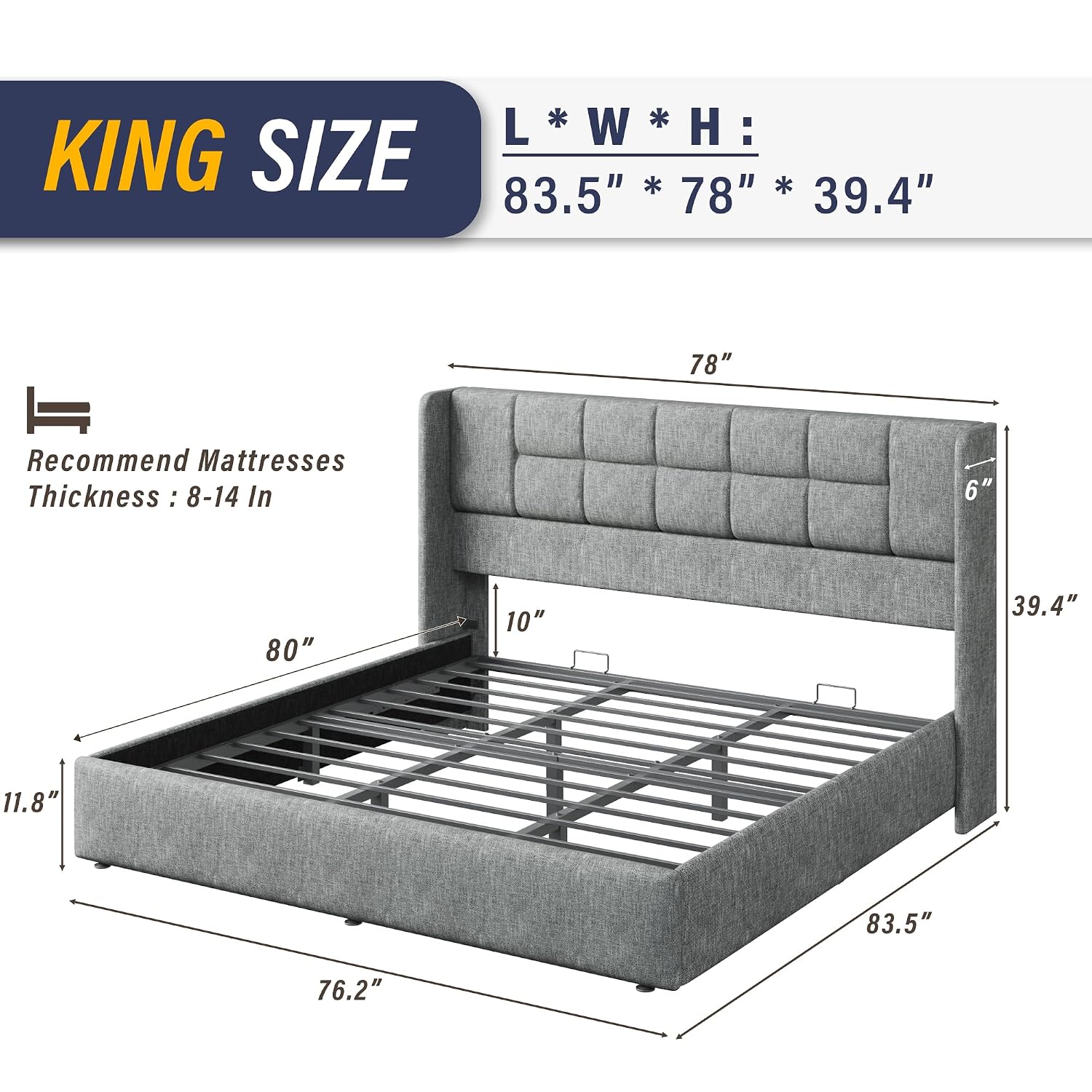 Gas Lift Storage Bed Hydraulic - Kingsize bedframe met hydraulische gasveer, opbergruimte,