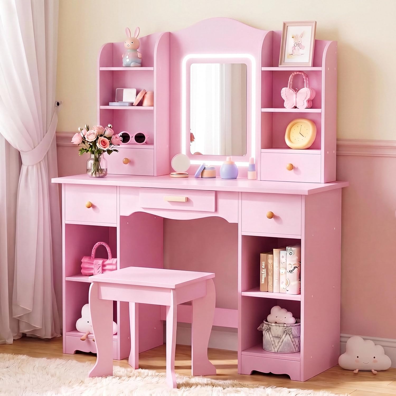 Dressing Table Vanity With Lighted Mirror - Kinderkaptafel met 3-kleurige verlichting, grote opbergruimte,