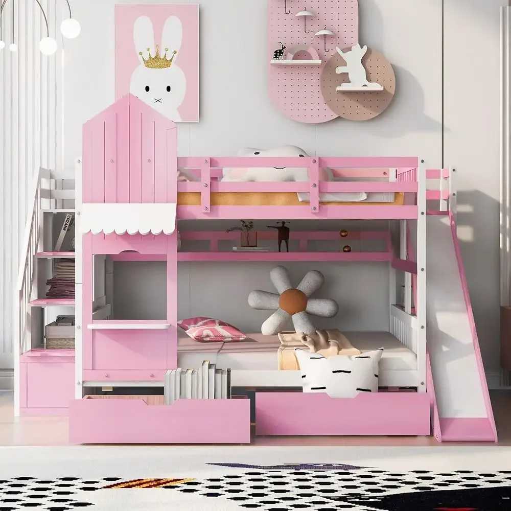 Bunk Bed With Stairs And Slide - Kinderstapelbed met trap, glijbaan en opberglades,