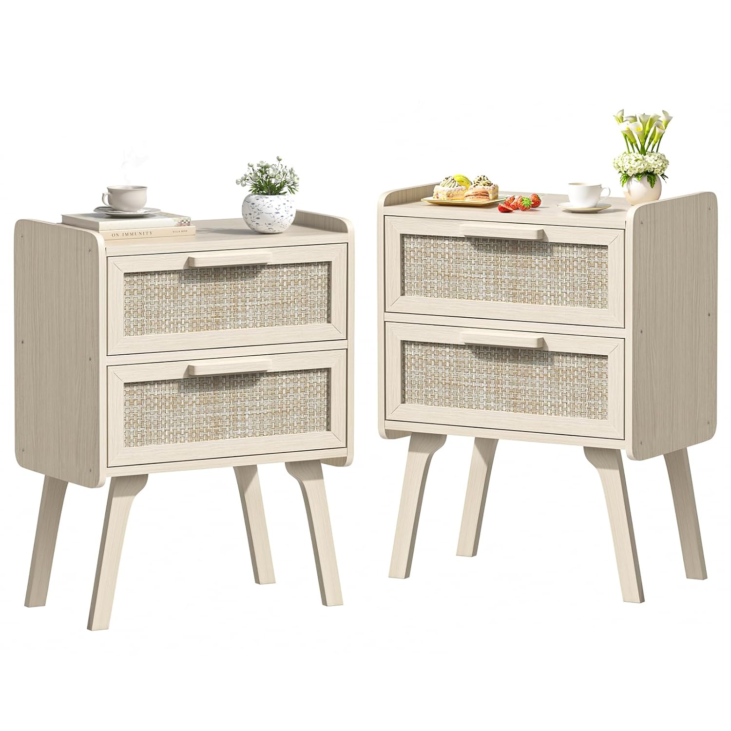 Solid Wood Nightstand 2 Drawers - Rotan nachtkastje set van 2, 2