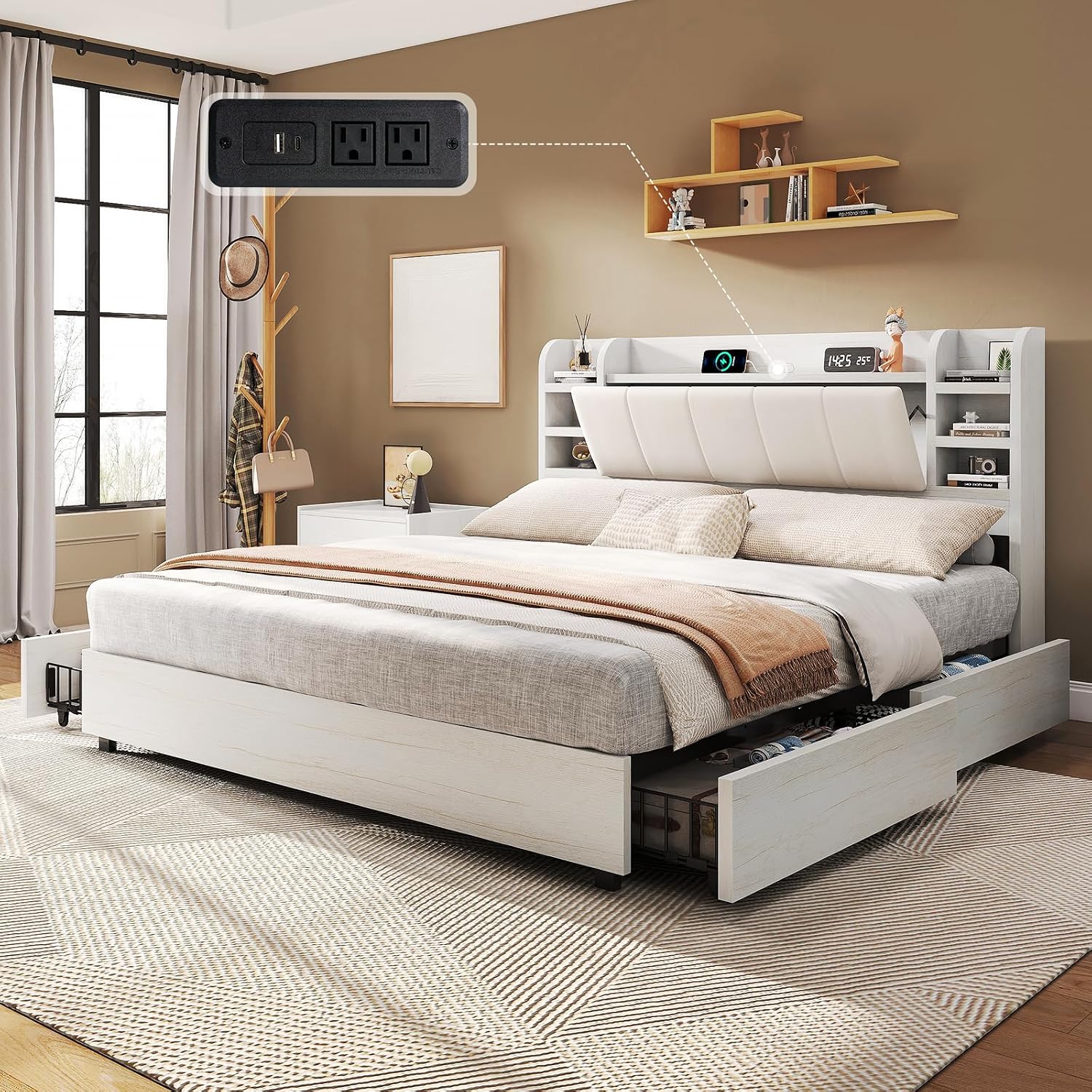 King Size Bed Frame With Storage Drawers - Kingsize gestoffeerd platformbed met boekenkasthoofdeinde &