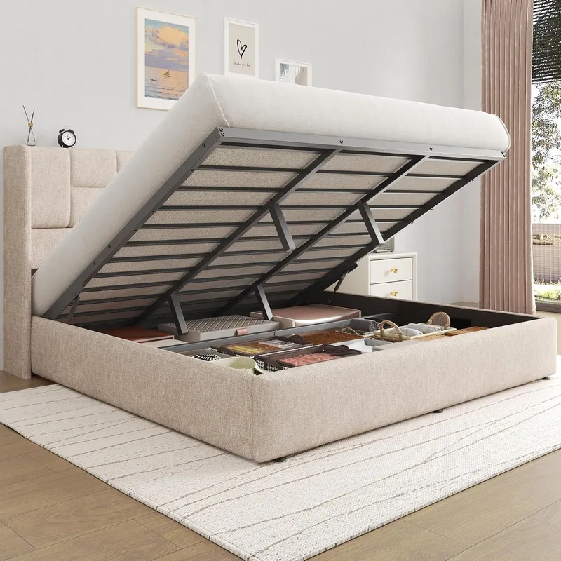 Gas Lift Storage Bed Hydraulic - Bedframe met hydraulische gasveer-opslag, bekleed met