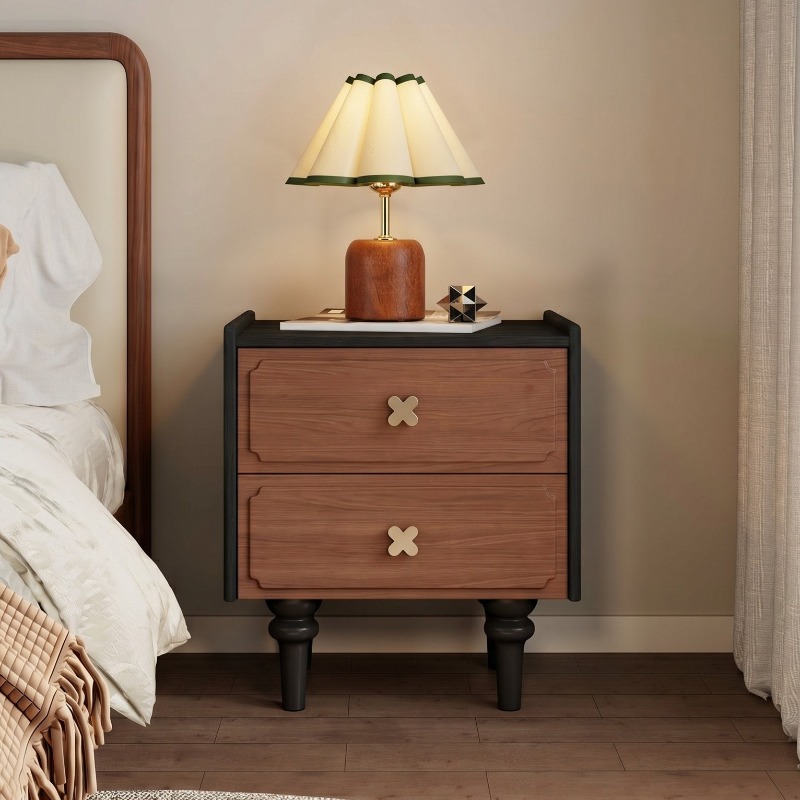Solid Wood Nightstand 2 Drawers - Houten nachtkastje in zwart, voor woonkamer,