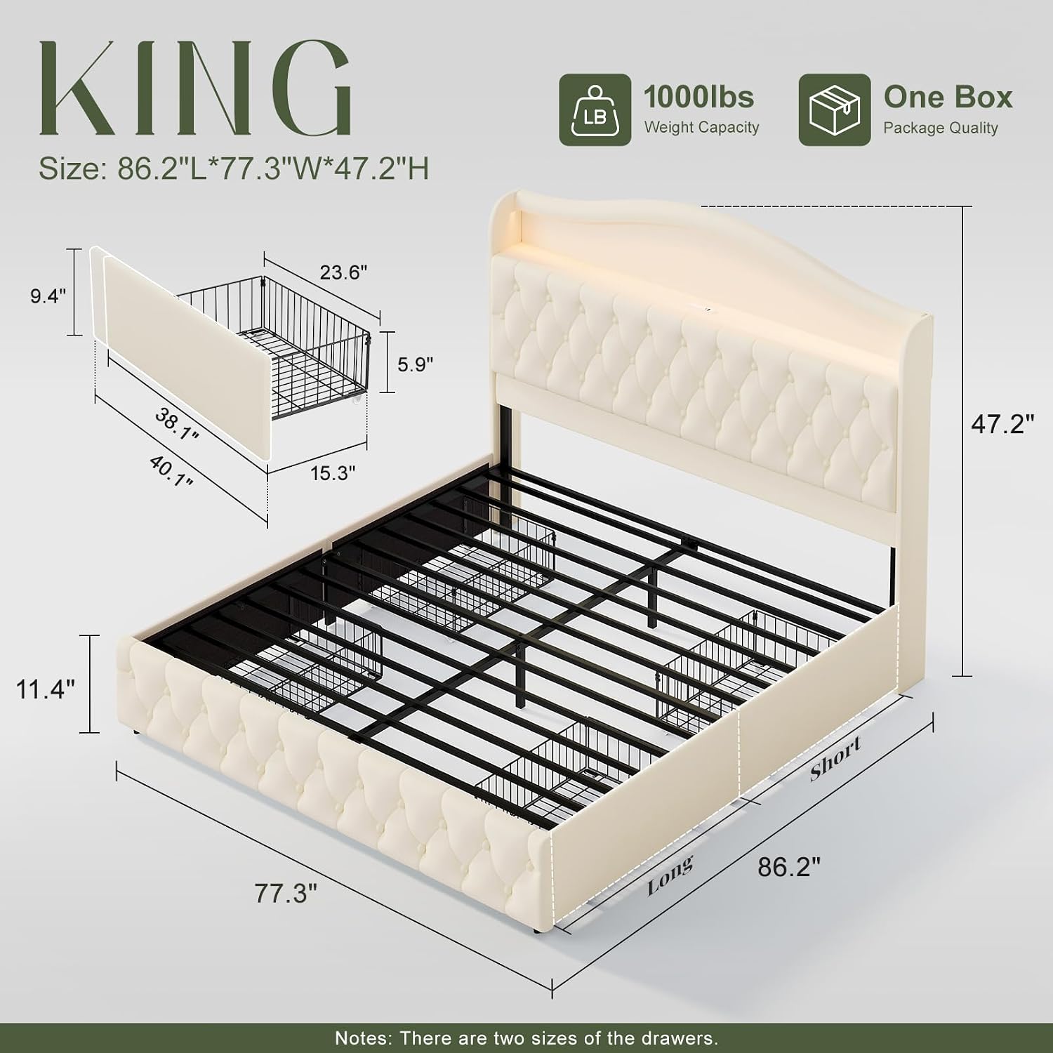 King Size Bed Frame With Storage Drawers - Kingsize platformbedframe met 4 opbergladen, 47,2