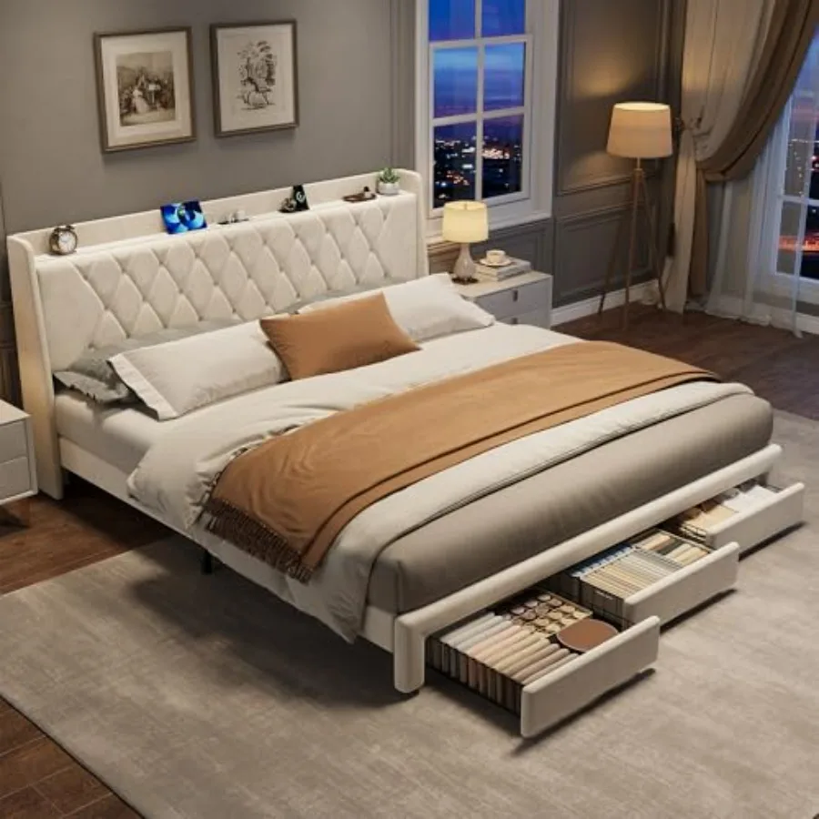 King Size Bed Frame With Storage Drawers - Groot bedframe met fluwelen bekleding en