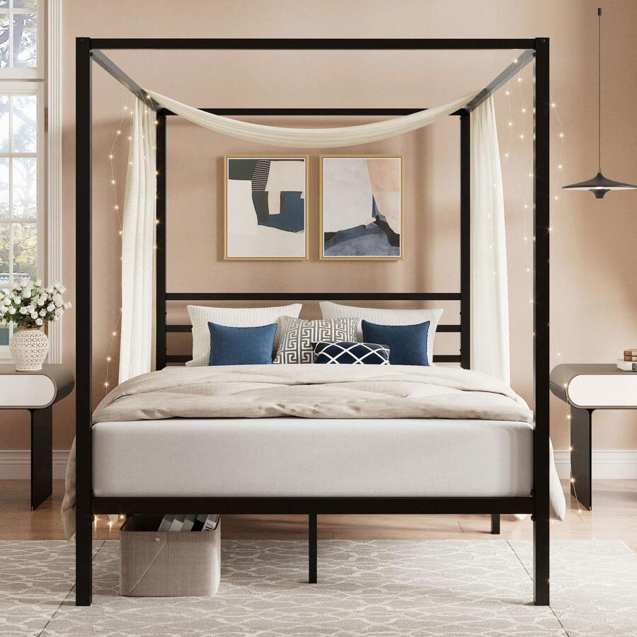 Canopy Bed Frame Metal Queen - Zwart hemelbedframe, full/queen size, metalen hemelbed