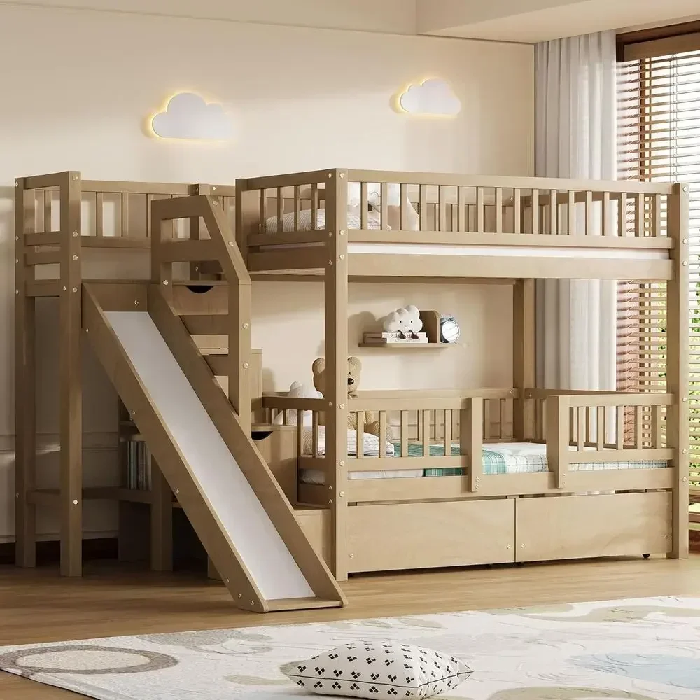 Bunk Bed With Stairs And Slide - Houten stapelbed met twee eenpersoonsbedden, glijbaan