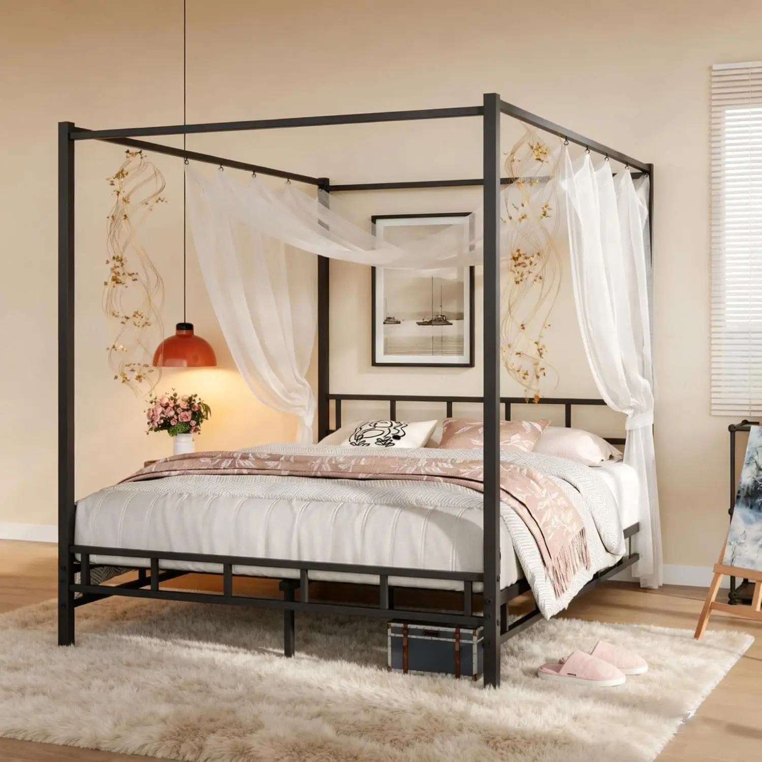Canopy Bed Frame Metal Queen - Metalen hemelbedframe queensize, matrasfundering met metalen