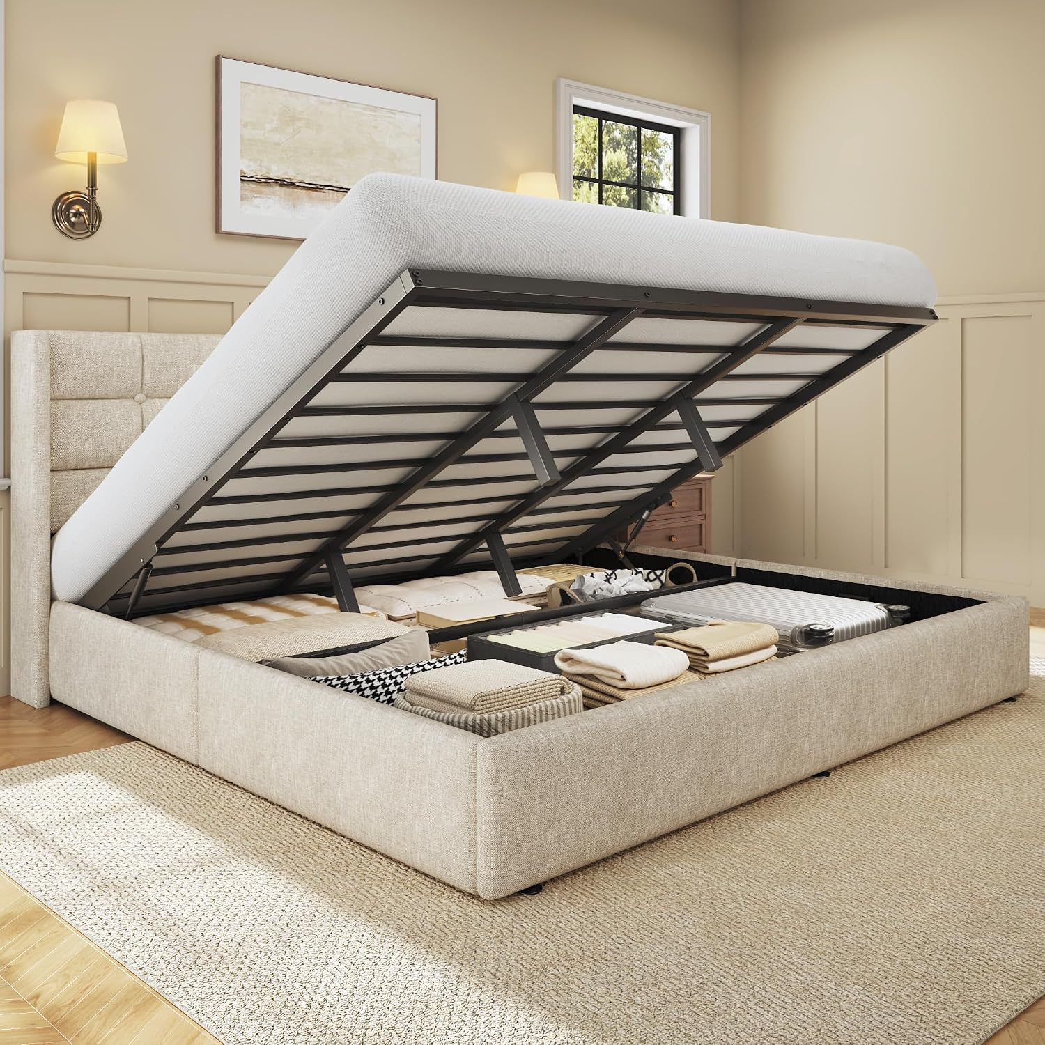 Gas Lift Storage Bed Hydraulic - Kingsize bedframe met opbergruimte, linnen gestoffeerd