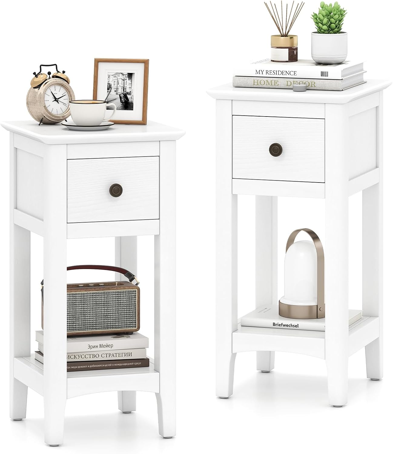 Solid Wood Nightstand 2 Drawers - Smalle bijzettafels met lade, set van