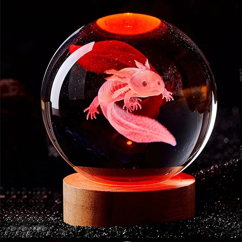 Floating Nightstand With Led Light - 3D Axolotl Laser Gegraveerde Kristallen Bol