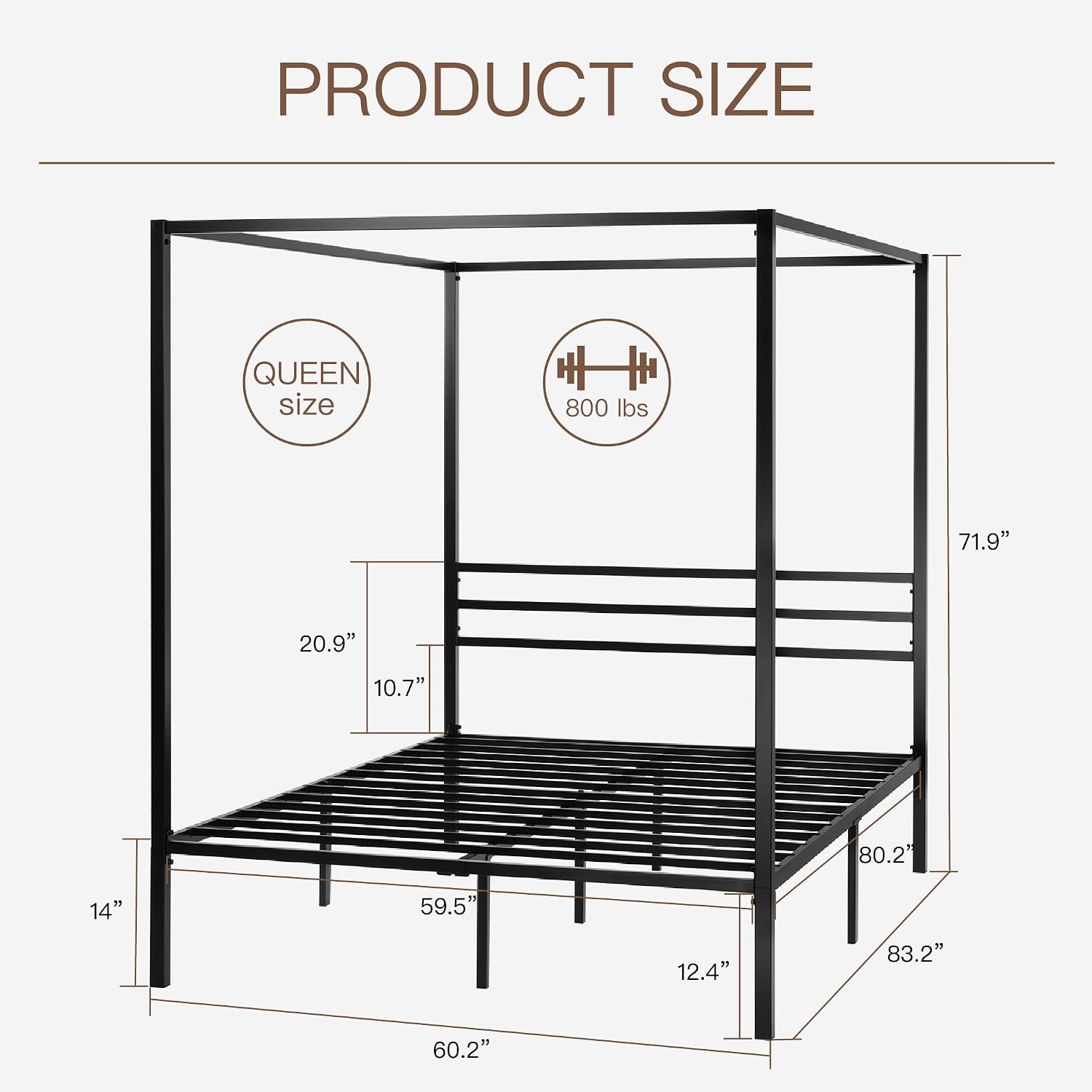 Canopy Bed Frame Metal Queen - Metalen bedframe met hemelbed, queensize, extra