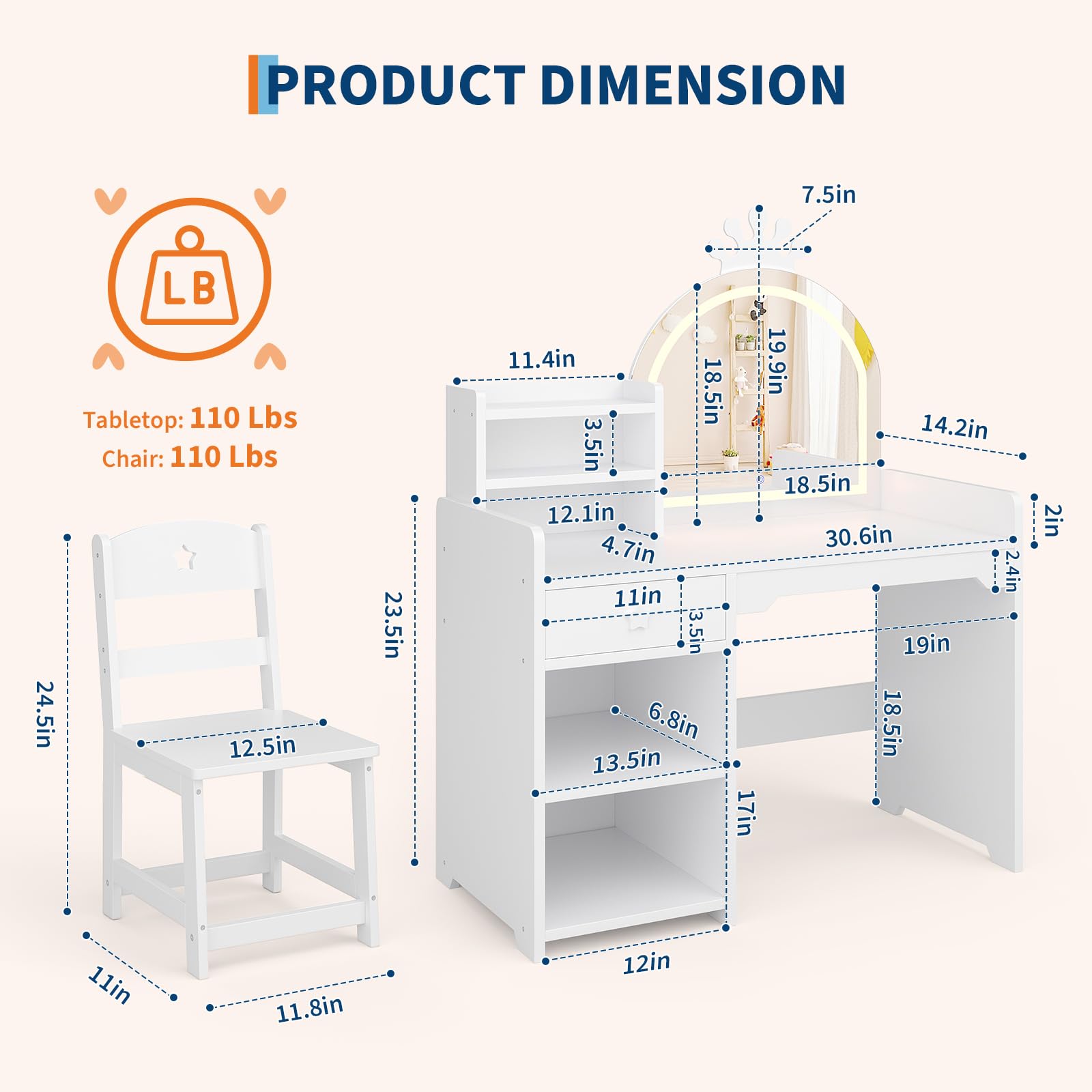 Kinderkaptafel & Stoelset - LE - Dressing Table Vanity With Lighted Mirror recensie en prijs