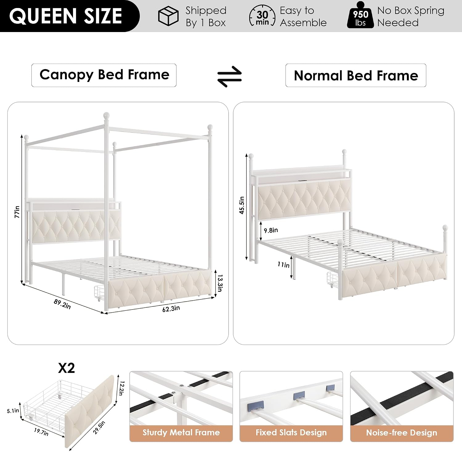 Queen-size LED-hoofdbord met o - Canopy Bed Frame Metal Queen recensie en prijs