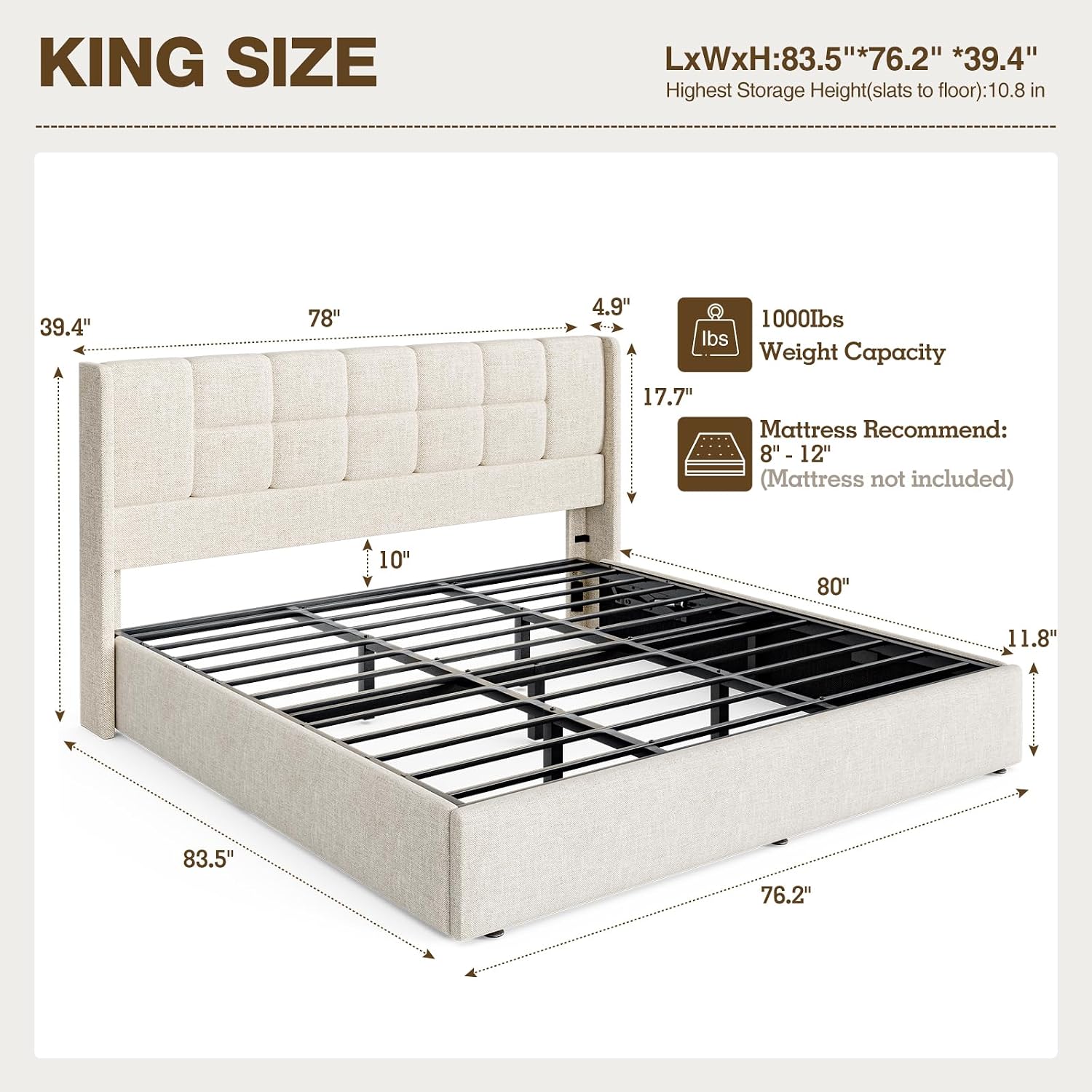 Linnen bekleed kingsize bedfra - Gas Lift Storage Bed Hydraulic recensie en prijs
