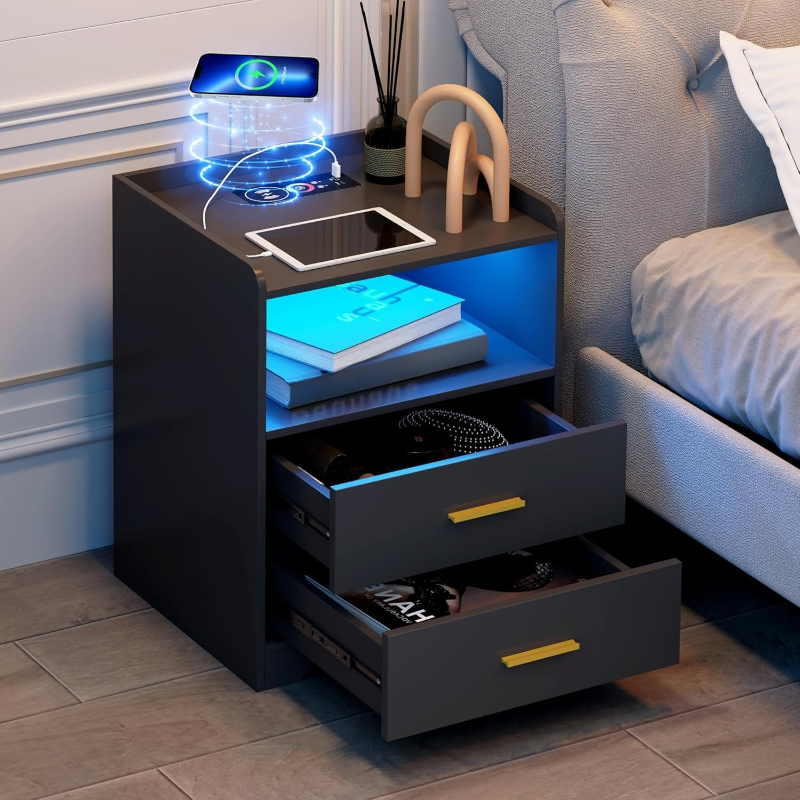 Zwart LED-nachtkastje met laad - Solid Wood Nightstand 2 Drawers recensie en prijs