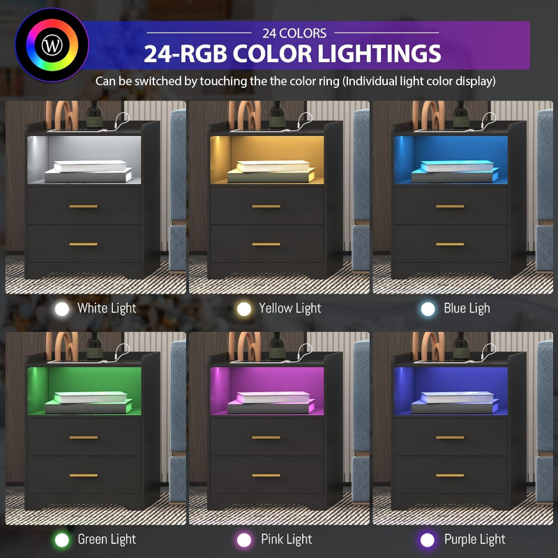 Zwart LED-nachtkastje met laad - Solid Wood Nightstand 2 Drawers recensie en prijs