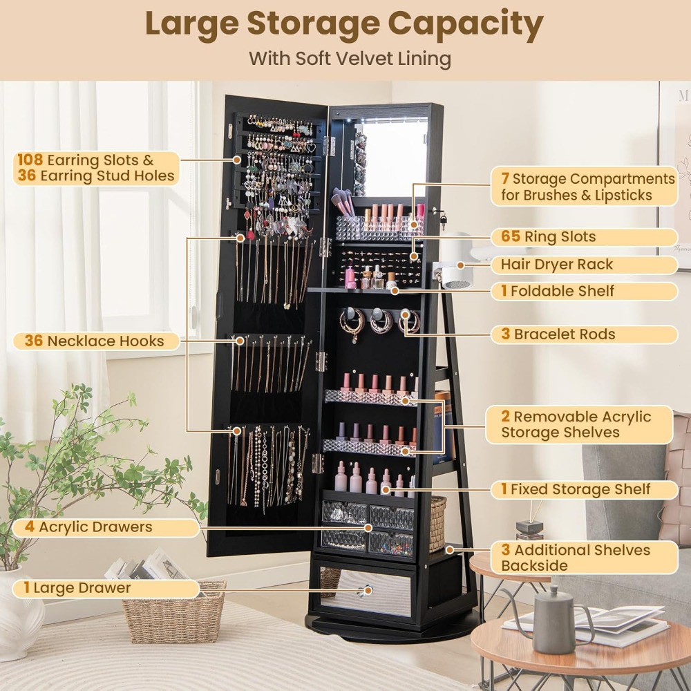 360 °   Draaibare sieradenkast - Full Length Mirror Jewelry Armoire recensie en prijs