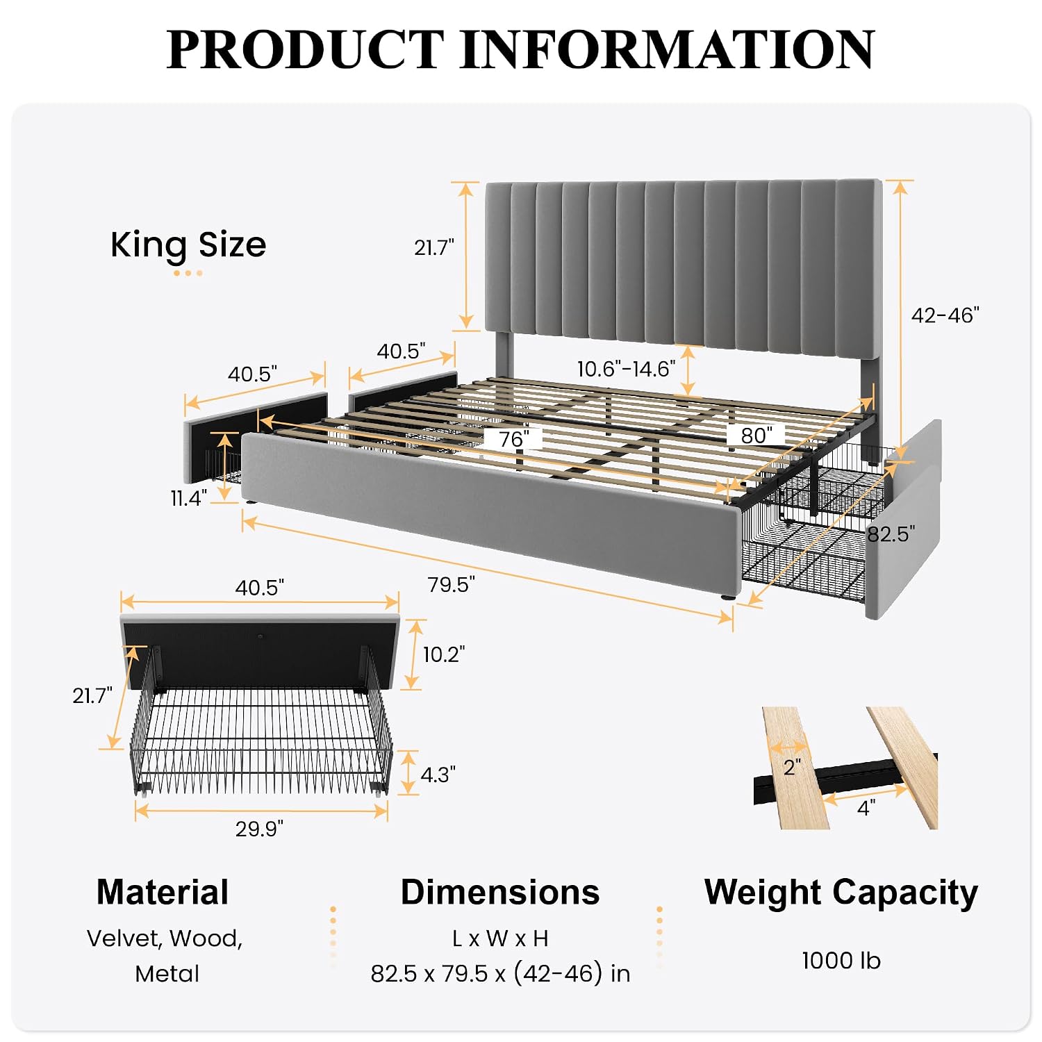Platformbedframe in kingsize,  - King Size Bed Frame With Storage Drawers recensie en prijs