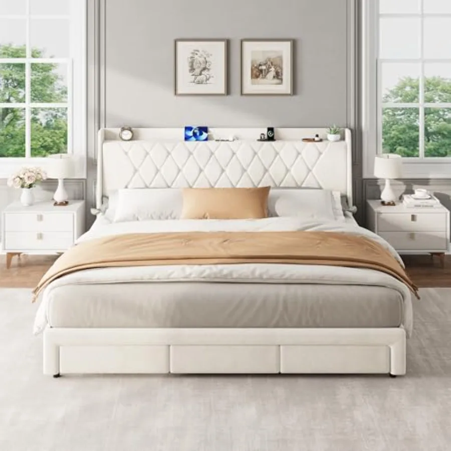 Groot bedframe met fluwelen be - King Size Bed Frame With Storage Drawers recensie en prijs