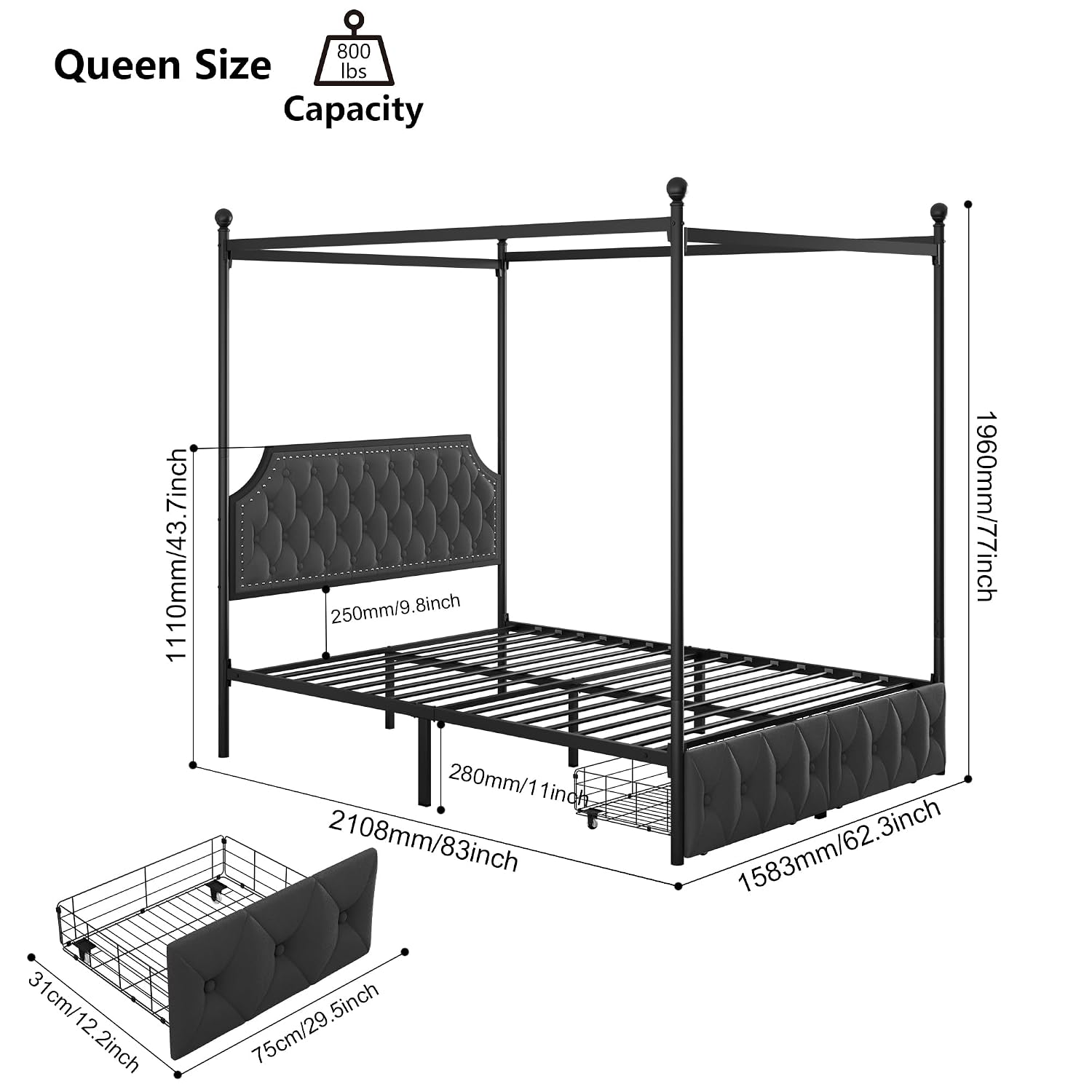 Bedframe met hemelbed, opbergl - Canopy Bed Frame Metal Queen recensie en prijs