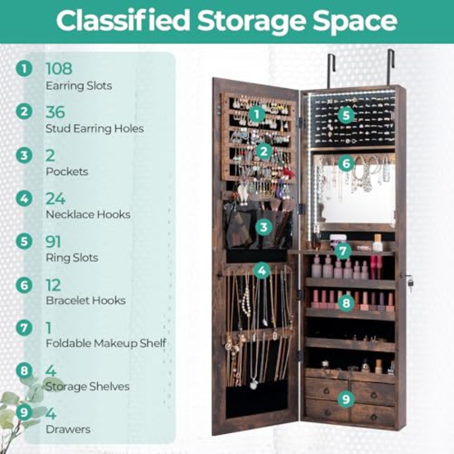 47 LED sieradenkast voor gebru - Full Length Mirror Jewelry Armoire recensie en prijs